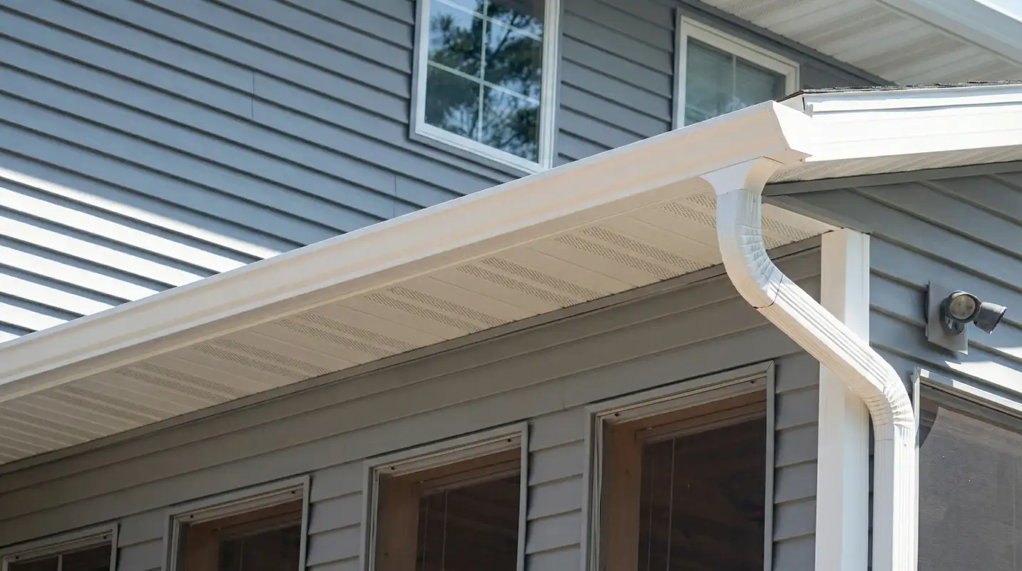 Professional home remodeling project showing newly installed white seamless gutters and downspouts on a house with gray siding in Albany, NY