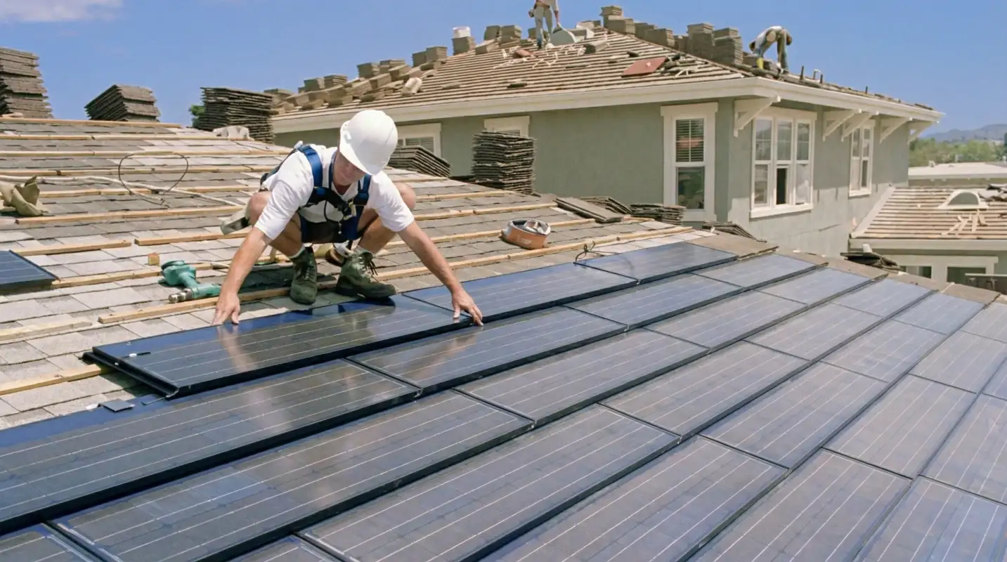 Roof replacement expert installing modern solar shingles on a residential home in Albany, NY