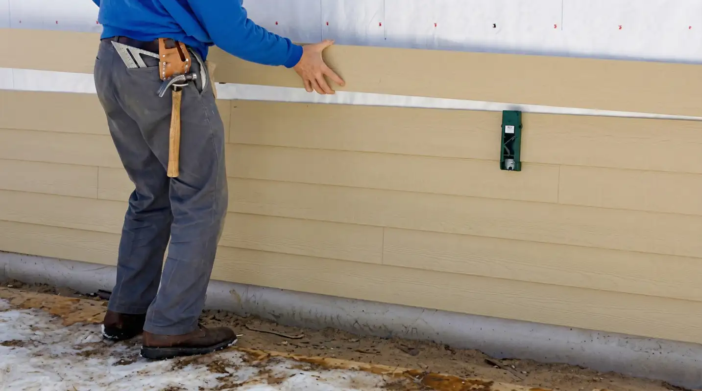 Siding replacement expert carefully aligning a new tan siding panel onto a residential exterior wall in Albany, NY