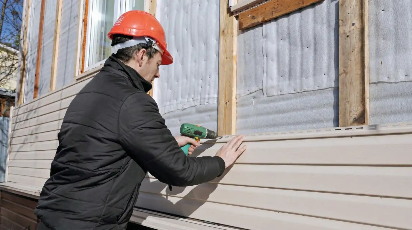 Siding replacement professional using a power drill to install new tan vinyl siding on a home exterior in Albany, NY
