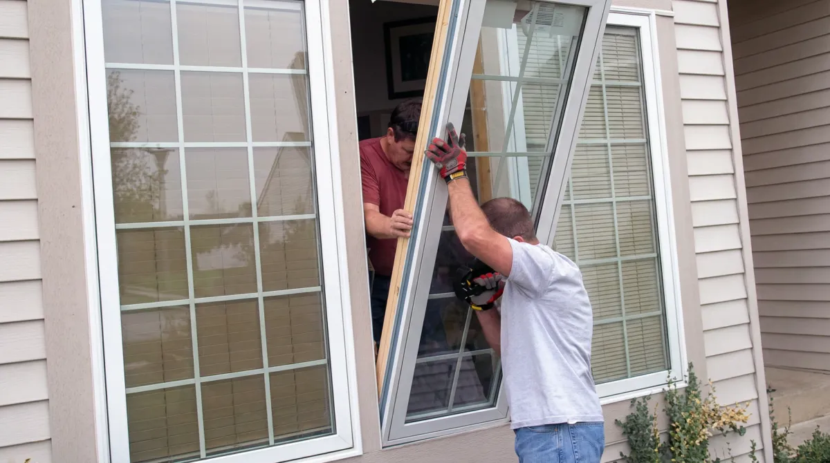 Professional home remodeling team installing a large replacement window on a house with tan siding in Albany, NY