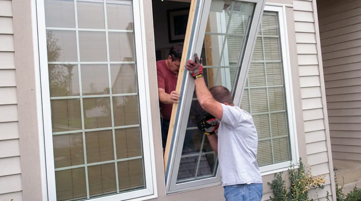 Professional home remodeling team installing a large replacement window on a house with tan siding in Albany, NY